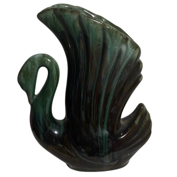 Blue Mountain Pottery Vase Swan Wing Feather Shaped Ceramic Green Drip Glaze 6" - Picture 1 of 9